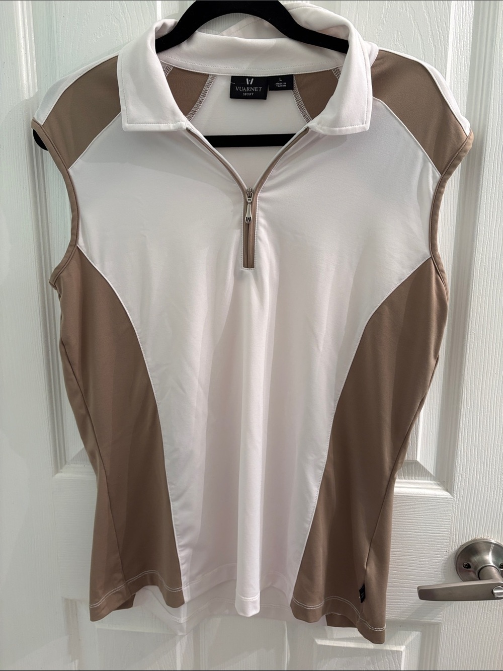 Vuarnet Sleeveless Zip Polo Tank Top in White and Taupe